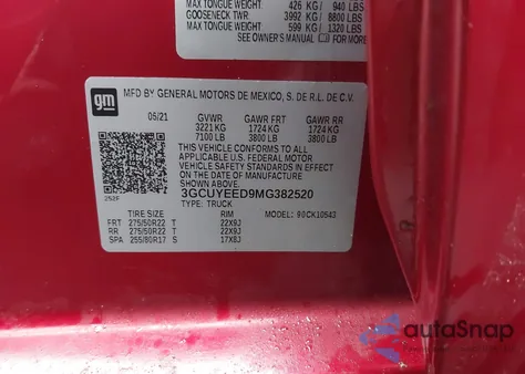 2021 Chevrolet Silverado 1500 4Wd Short Bed Rst z USA, uszkodzony, nr VIN 3GCUYEED9MG382520